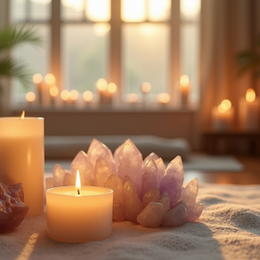A peaceful setting with candles and crystals for a Distance Reiki session