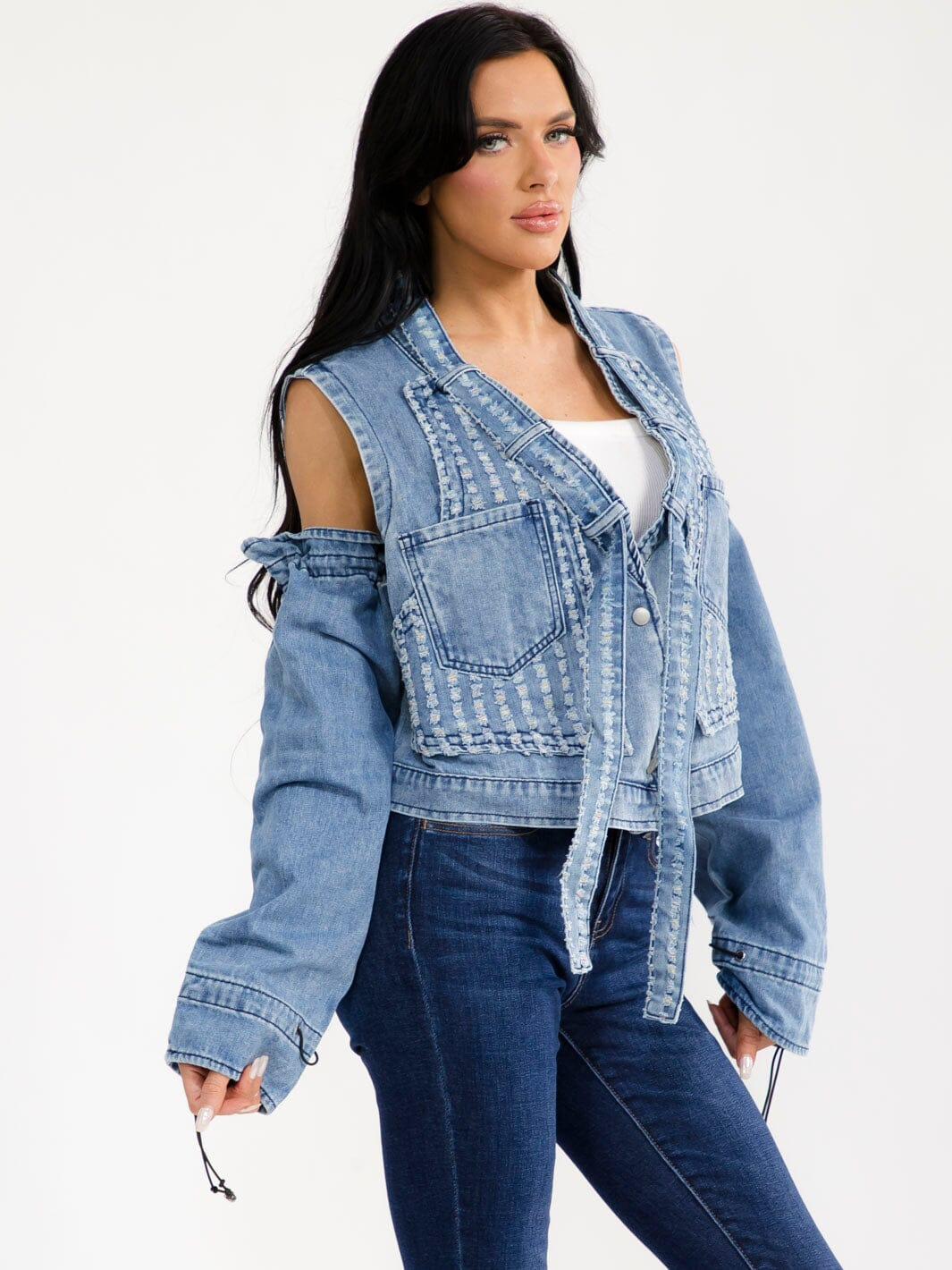REMOVABLE LONG SLEEVE BUTTON UP FRONT POCKETS DENIM VEST JACKET