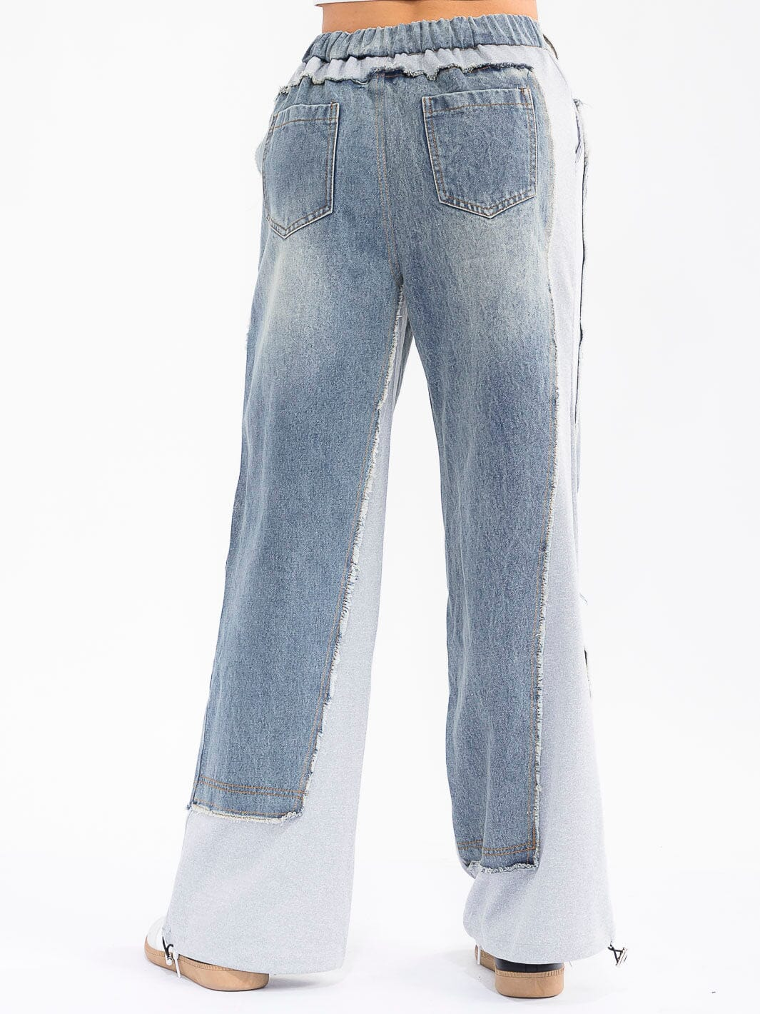 BUTTON CLOSURE POCKETS DENIM CONTRAST WIDE LEG PANTS