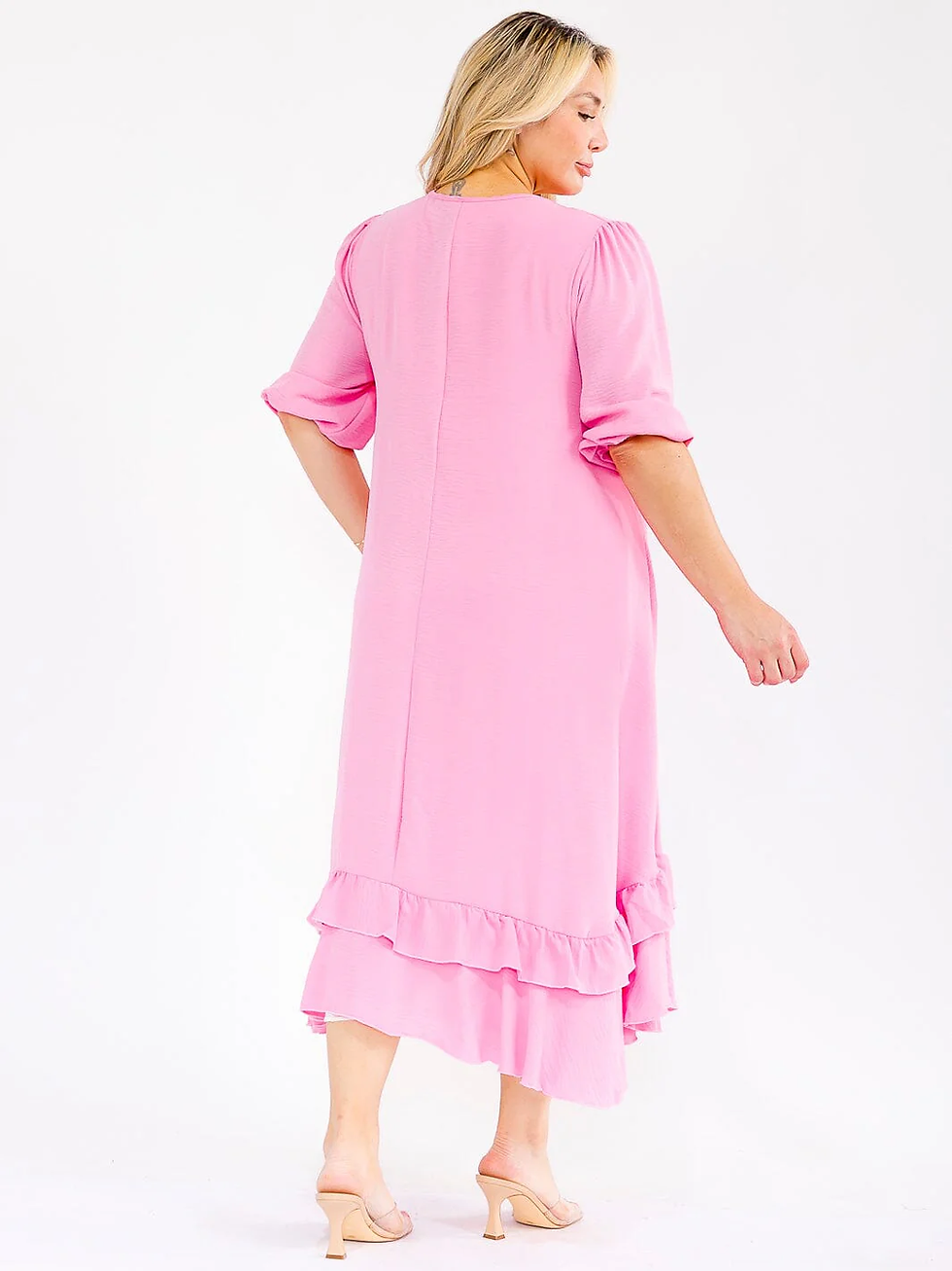 Thumbnail: PLUS SIZE 3/4 SLEEVE RUFFLE BOTTOM HEM FRONT POCKETS LOOSE FIT MAXI DRESS
