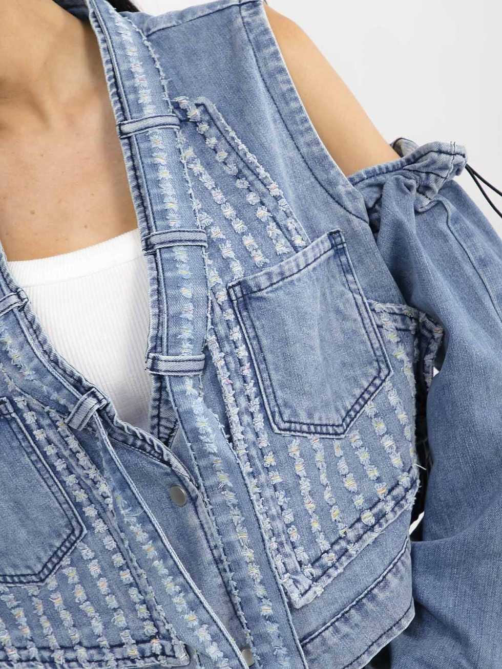 Thumbnail: REMOVABLE LONG SLEEVE BUTTON UP FRONT POCKETS DENIM VEST JACKET
