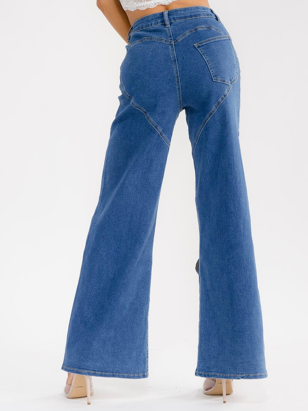 Thumbnail: BUTTON CLOSURE POCKET WIDE LEG RHINESTONES STRETCH DENIM PANTS