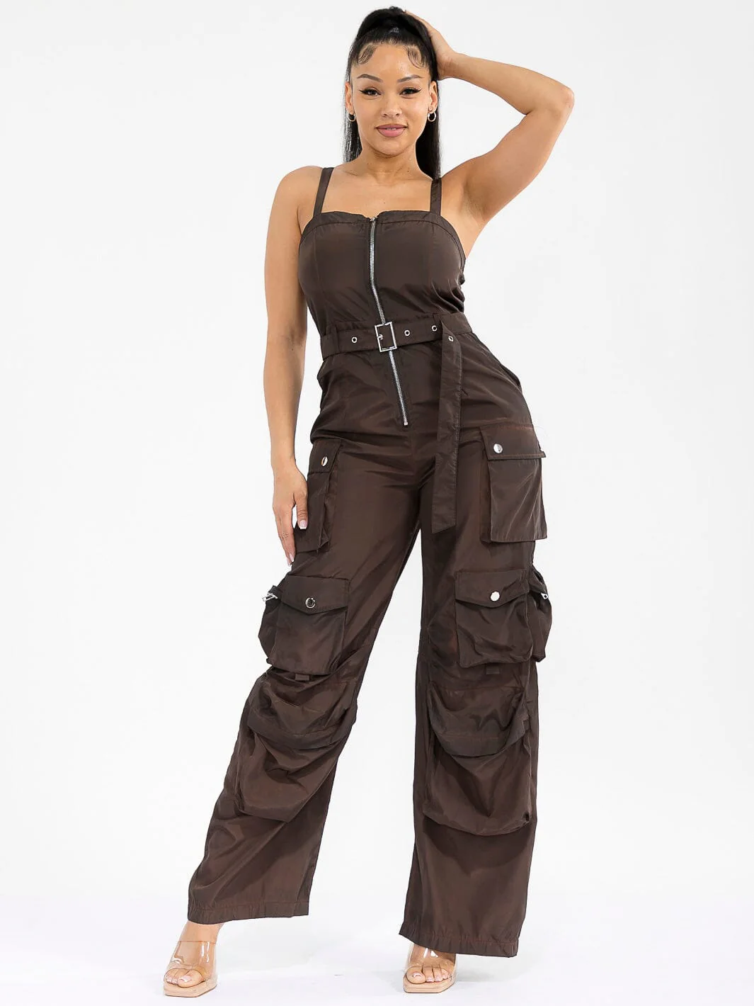 SLEEVELESS ZIP UP CARGO POCKETS WIDE LEG JUMPSUIT