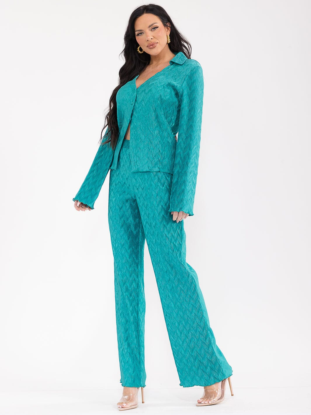 LONG SLEEVE BLOUSE & ELASTIC WAIST PANTS DETAILED 2PC. SET