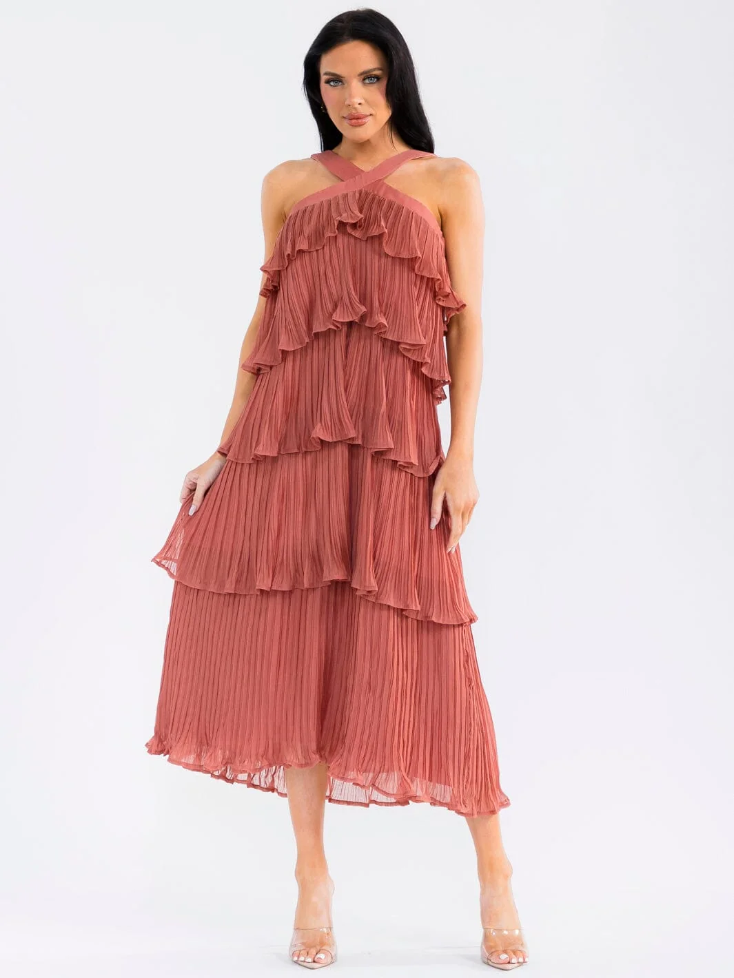 HALTER NECK RUFFLE TIERED PLEATED MAXI DRESS