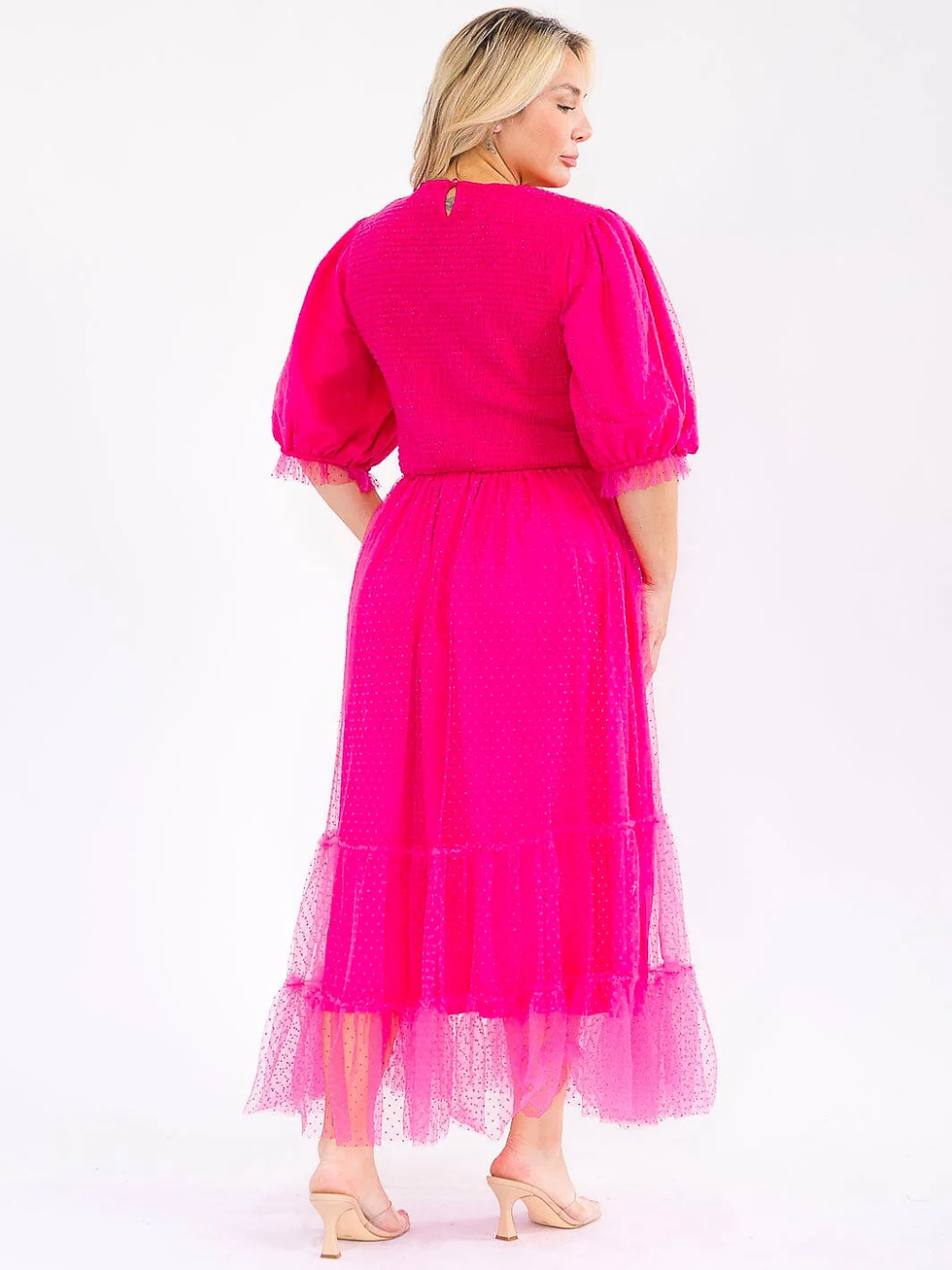 Thumbnail: PLUS SIZE SHORT PUFF SLEEVE SMOCK SWISS DETAILED MAXI DRESS