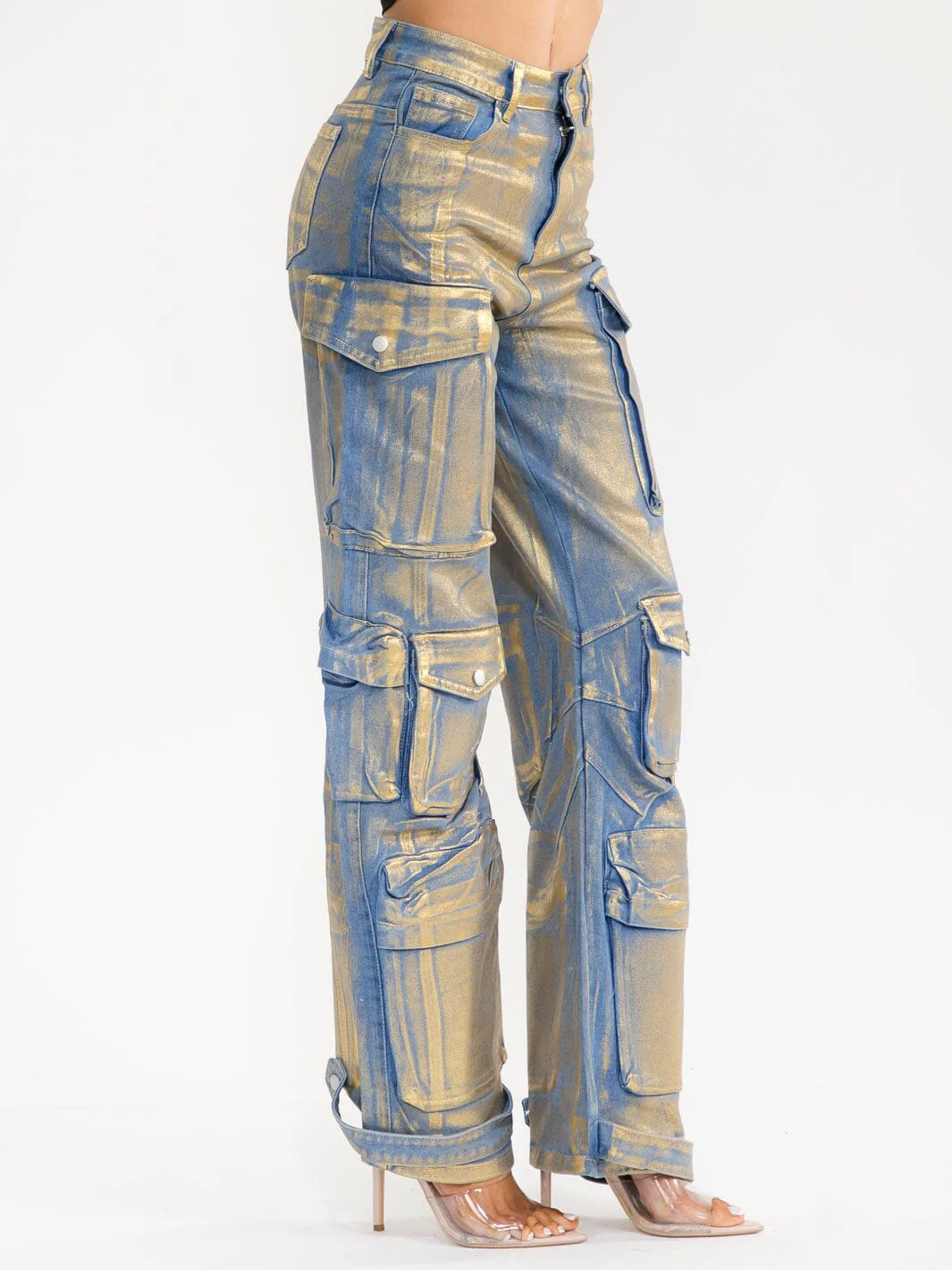 BUTTON CLOSURE CARGO POCKET WIDE LEG STRETCH DENIM METALLIC PANTS