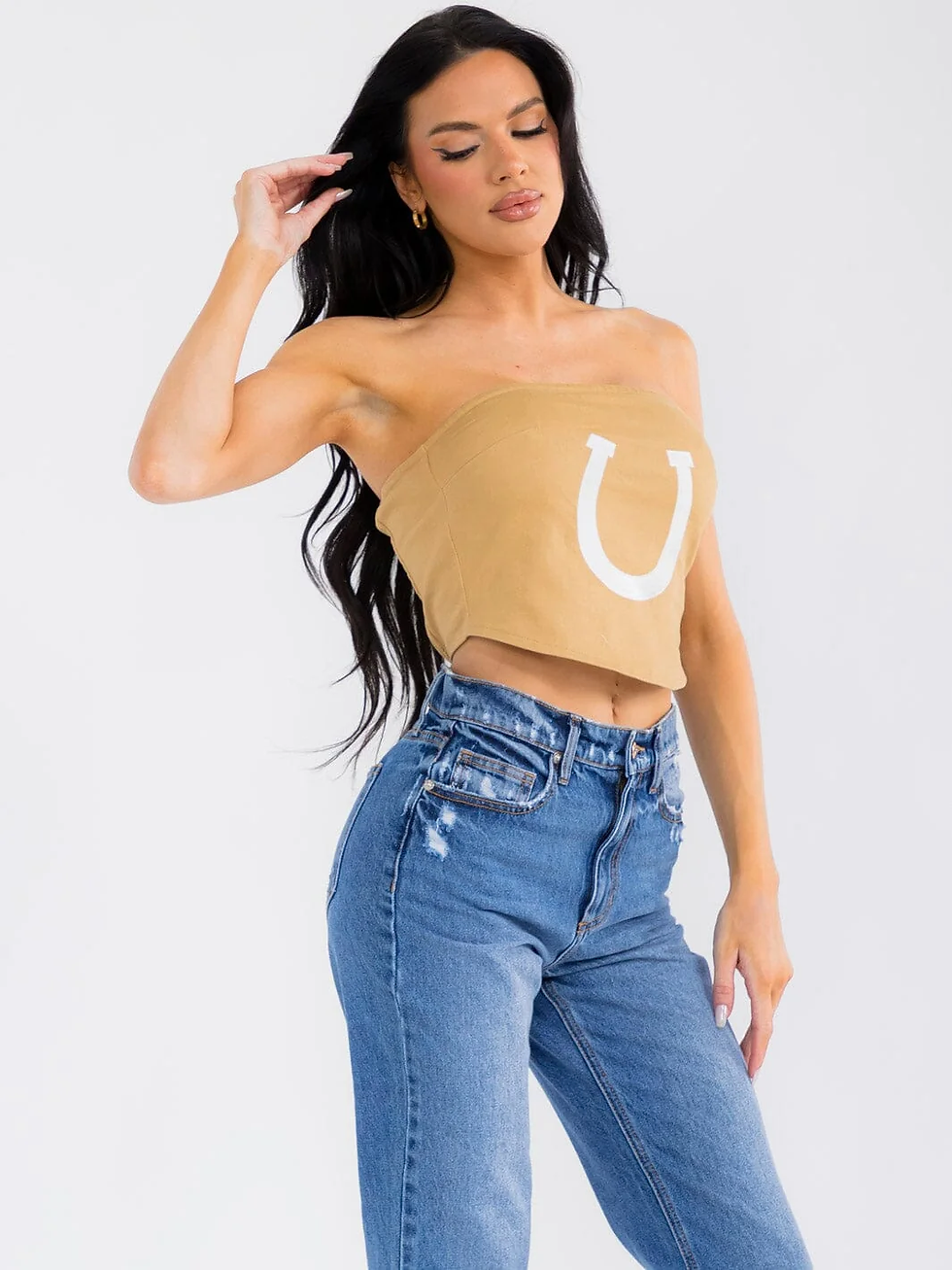 Thumbnail: SLEEVELESS SMOCK BACK DENIM TUBE CROP TOP