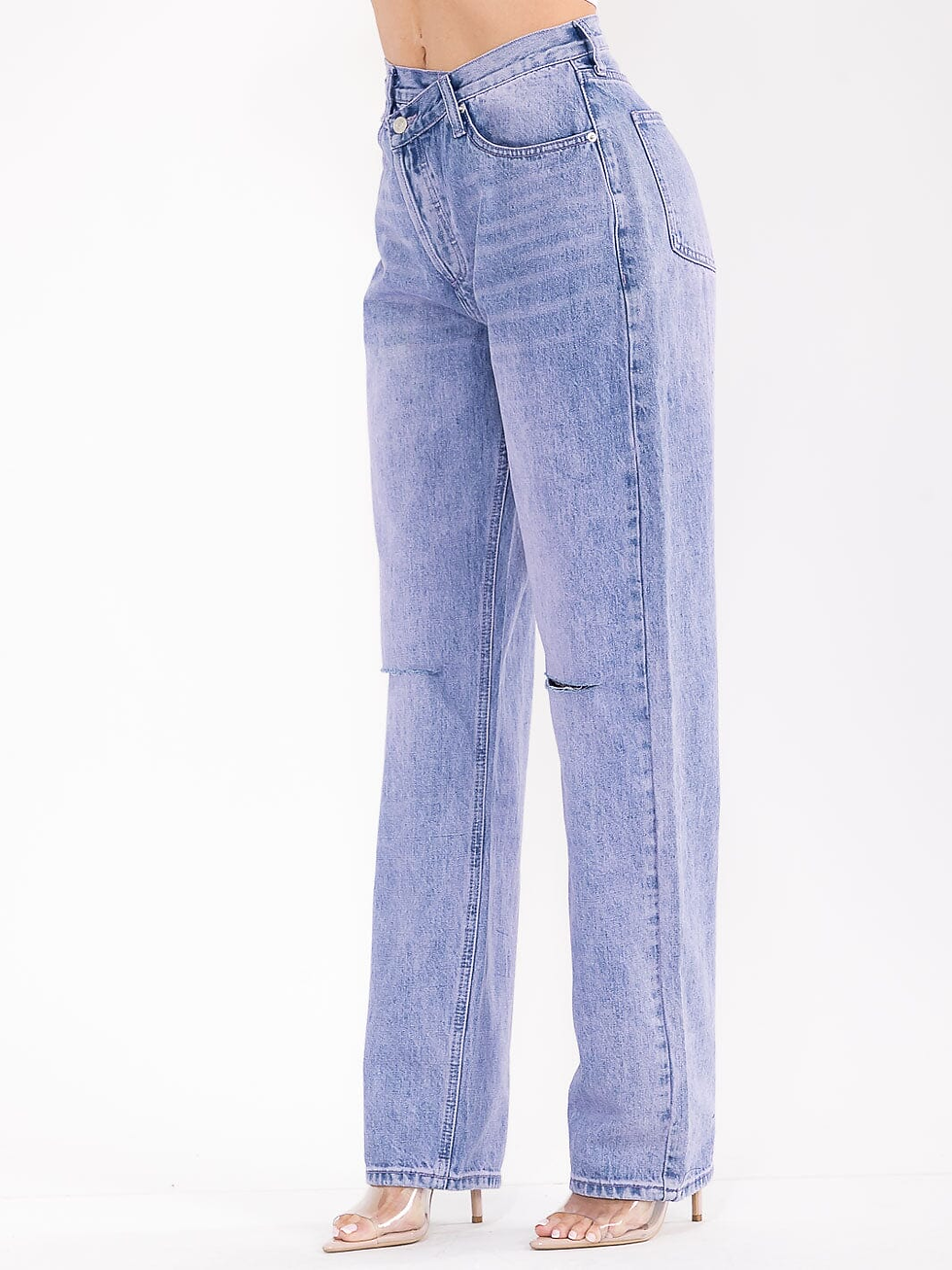 Thumbnail: GIDI CHIC BUTTON CLOSURE POCKETS WASHED WIDE LEG DISTRESS DENIM PANTS