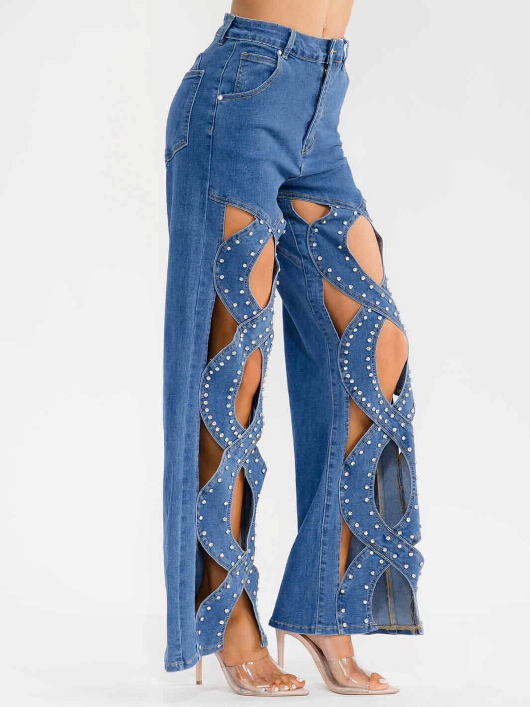 BUTTON CLOSURE POCKET WIDE LEG RHINESTONES STRETCH DENIM PANTS