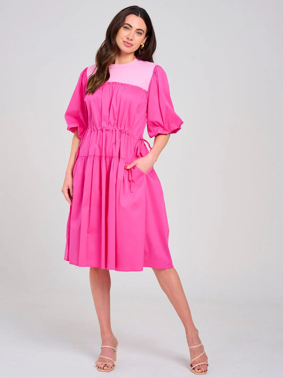 Thumbnail: FUCHSIA SHORT PUFF SLEEVE COLORBLOCK DRESS