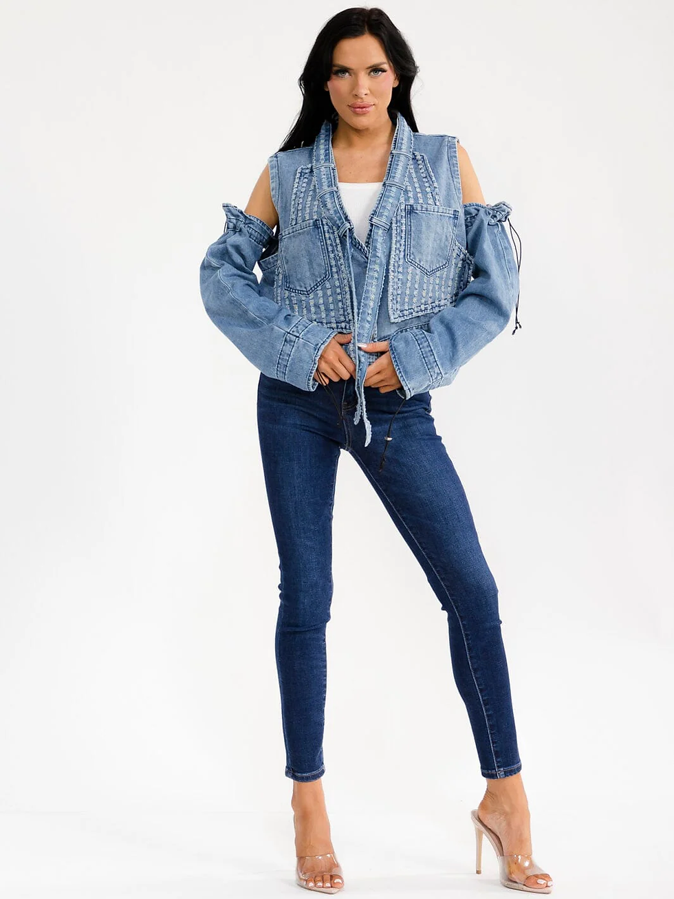Thumbnail: REMOVABLE LONG SLEEVE BUTTON UP FRONT POCKETS DENIM VEST JACKET