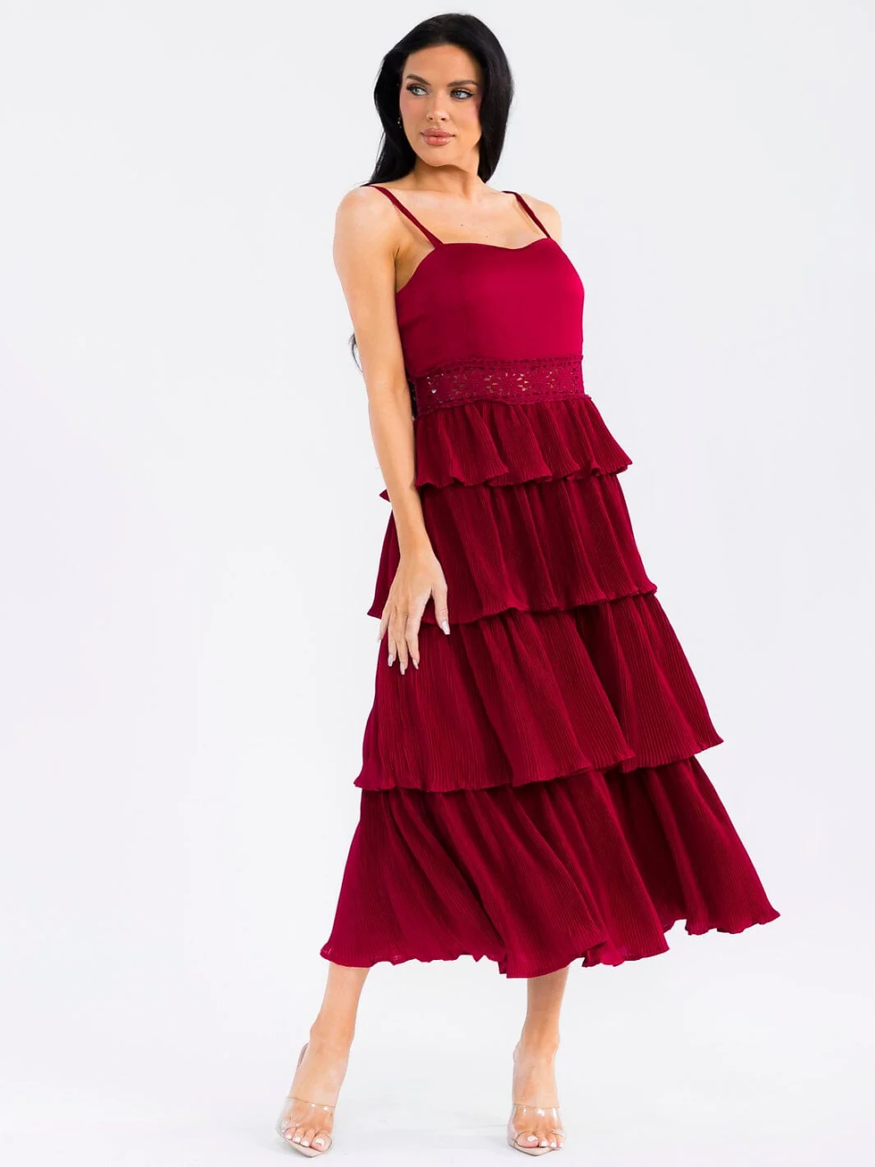 Thumbnail: SLEEVELESS LACE DETAILED RUFFLE TIERED PLEATED MAXI DRESS