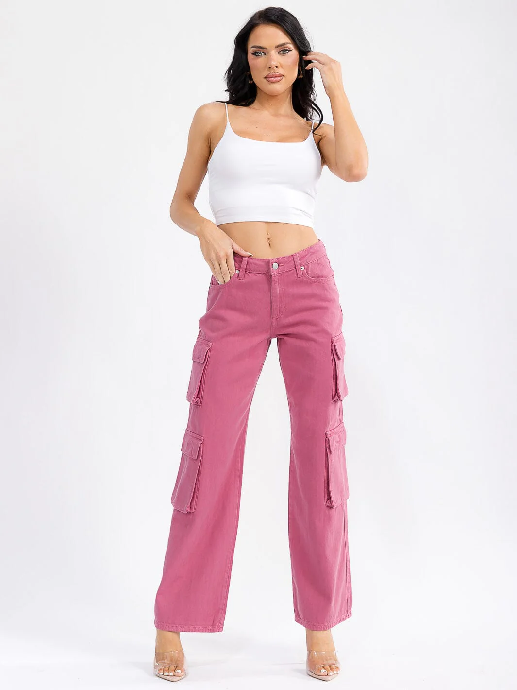 PINK BUTTON CLOSURE CARGO POCKETS WIDE LEG DENIM PANTS