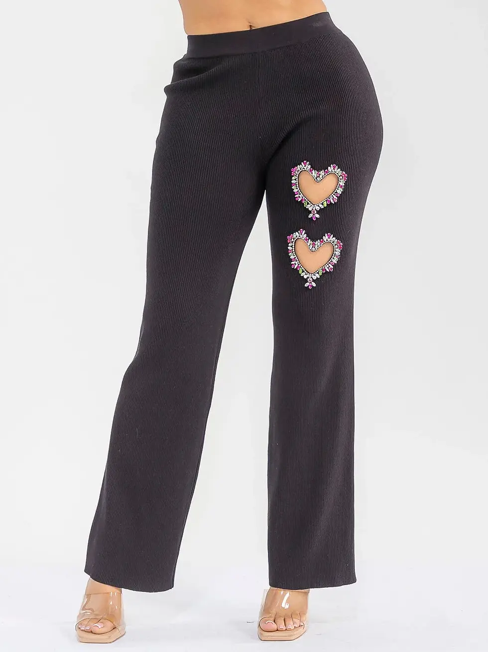Thumbnail: BLACK ELASTIC WAIST HEART STUDS DETAILED RIBBED WIDE LEG PANTS