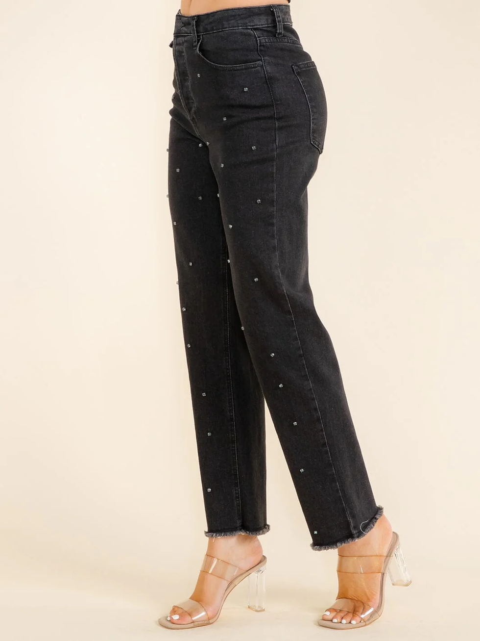 Thumbnail: BUTTON CLOSURE POCKETS STUDS DETAILED WIDE LEG DENIM PANTS