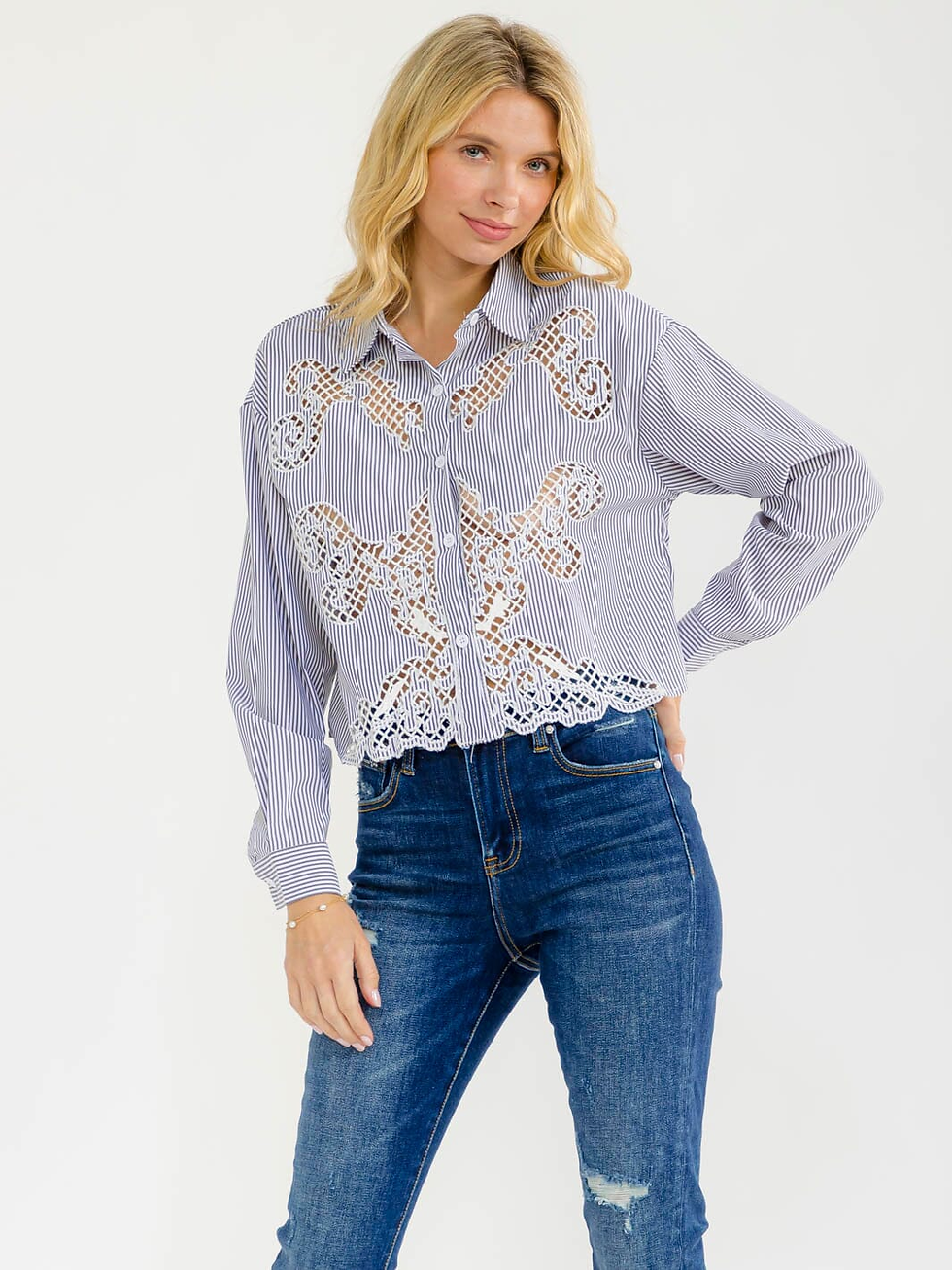 Thumbnail: LONG SLEEVE BUTTON UP STRIPES BLOUSE