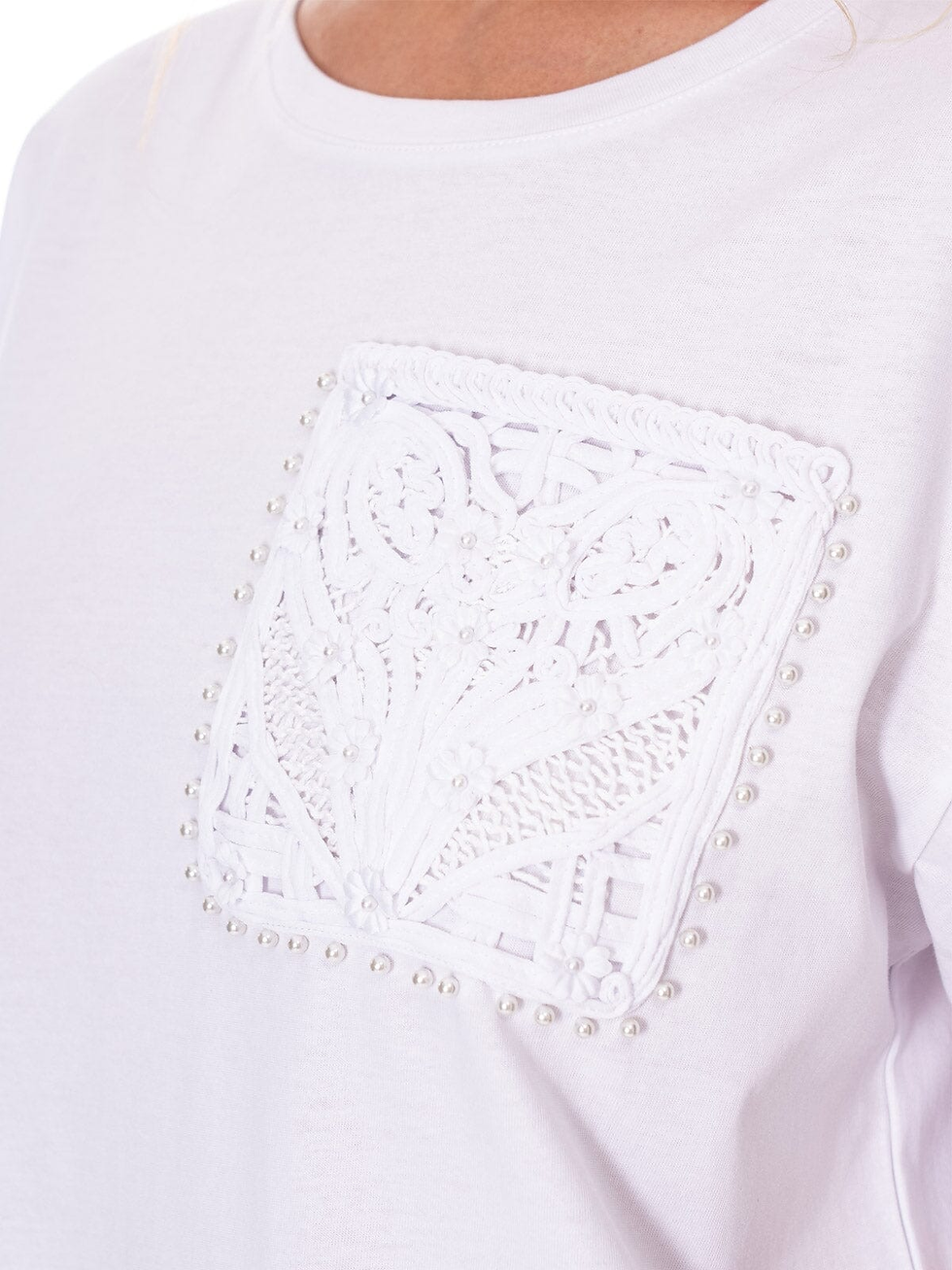 Thumbnail: SHORT SLEEVE FRONT CROCHET PEARL POCKET T-SHIRT