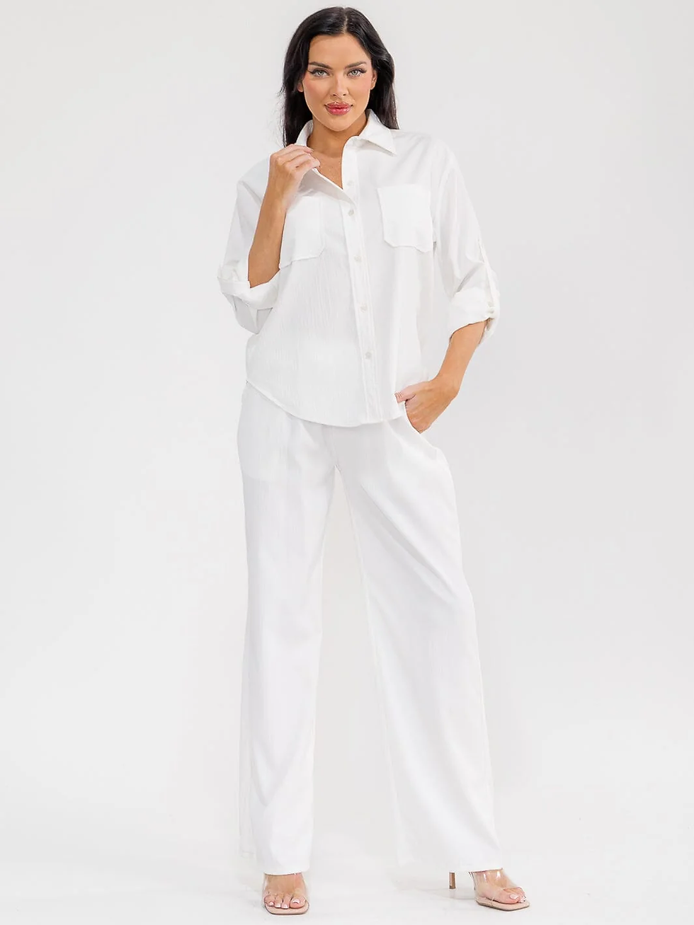 Thumbnail: WHITE LONG SLEEVE TOP & ELASTIC WAIST PANTS STRIPES 2PC. SET