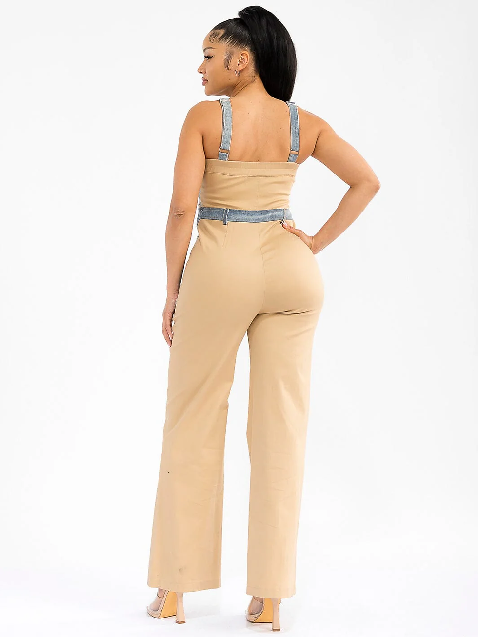 Thumbnail: SLEEVELESS ZIP UP POCKETS DENIM CONTRAST JUMPSUIT