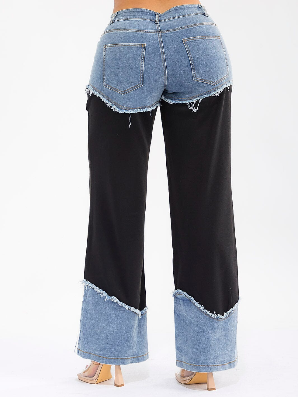 Thumbnail: BUTTON CLOSURE POCKETS WIDE LEG DENIM CONTRAST PANTS
