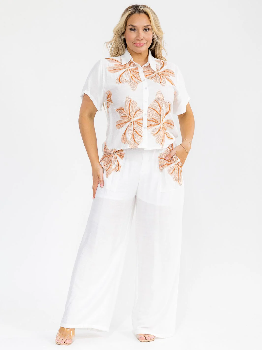 PLUS SIZE SHORT SLEEVE BLOUSE & ELASTIC WAIST PANTS FLORAL EMBROIDERY 2PC. SET P