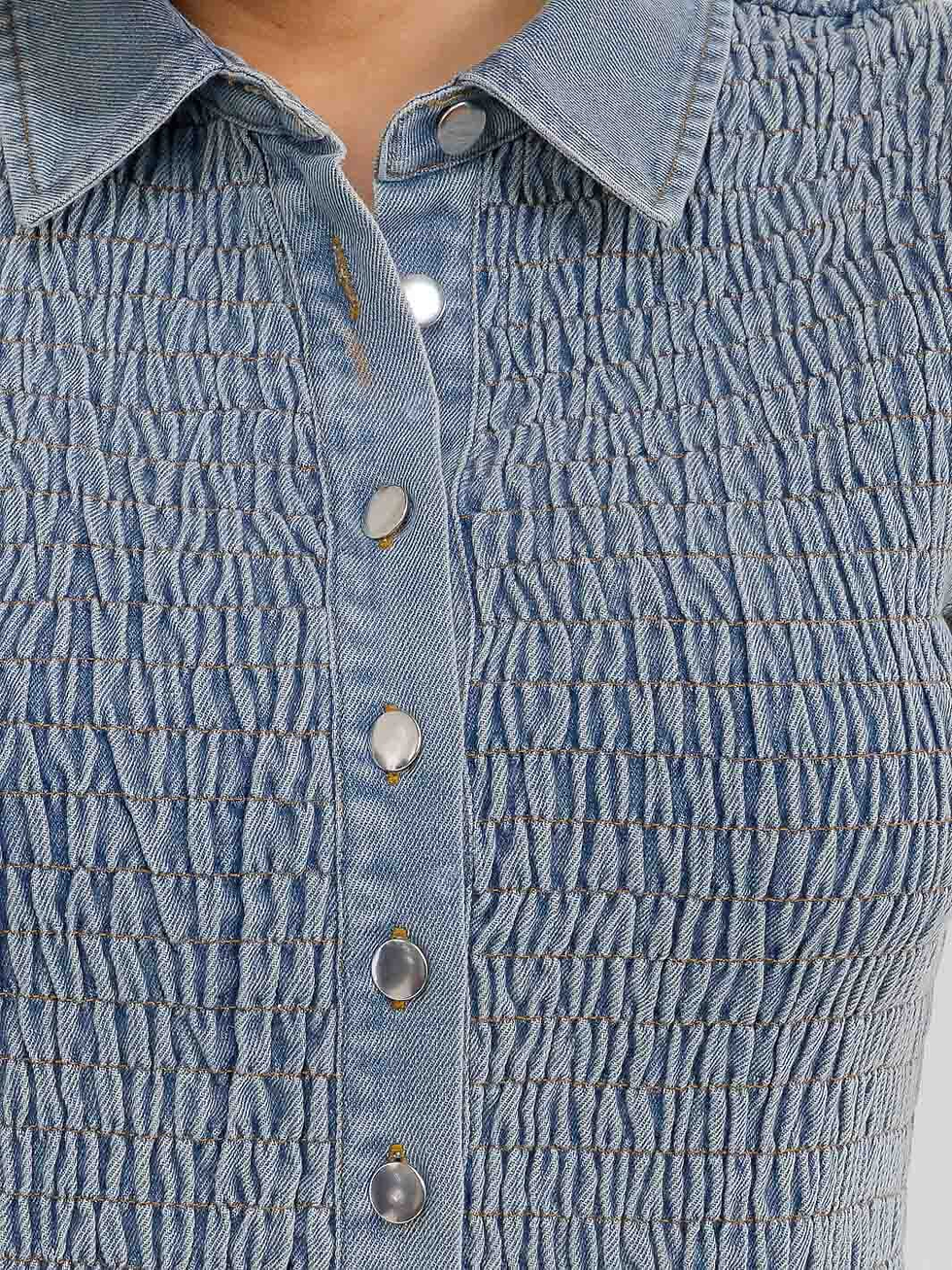 Thumbnail: SHORT SLEEVE BUTTON UP RUCHED DEMIN BLOUSE
