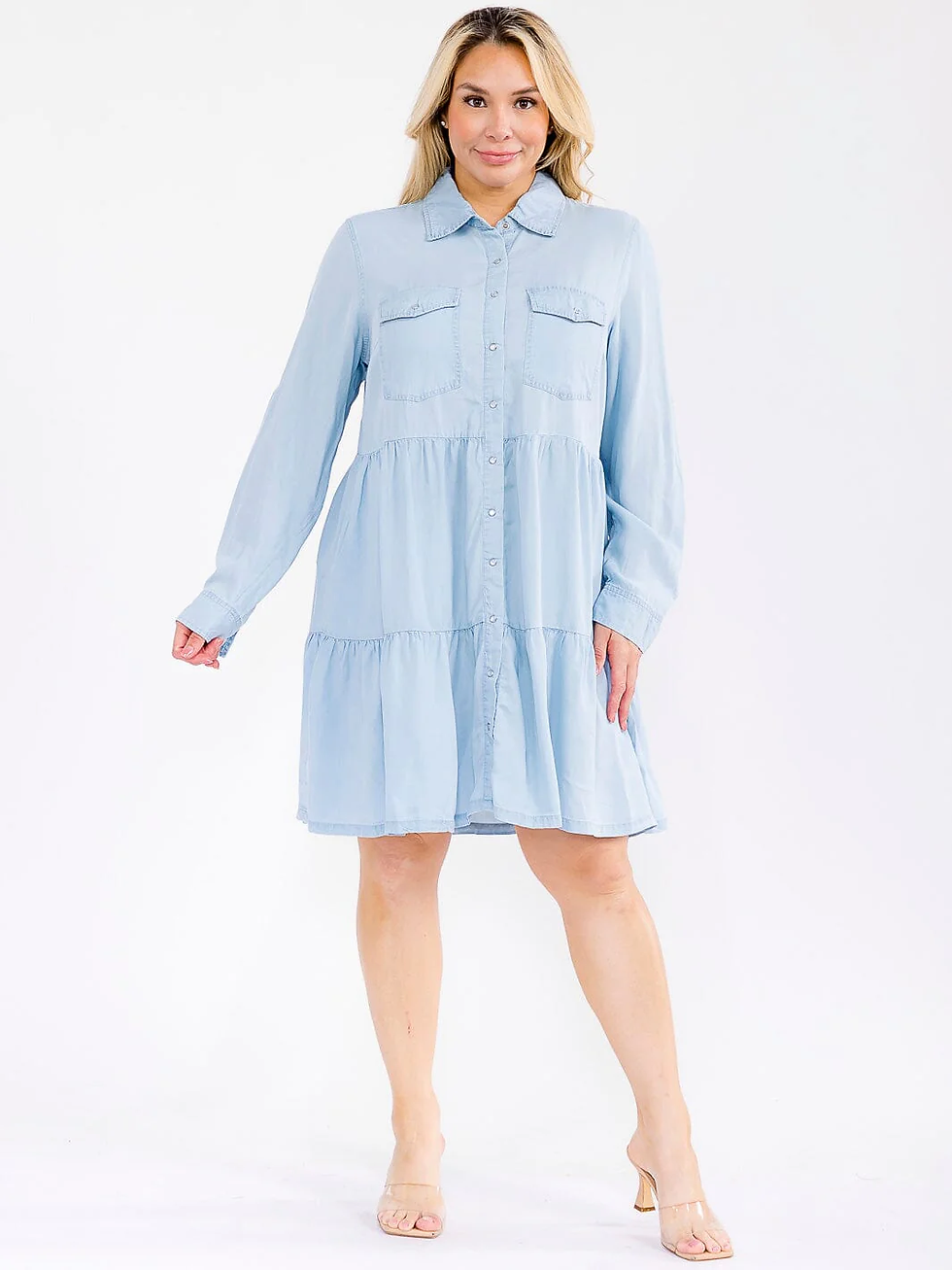 Thumbnail: PLUS SIZE LONG SLEEVE BUTTON UP FRONT POCKETS TIERED CHAMBRAY MINI DRESS