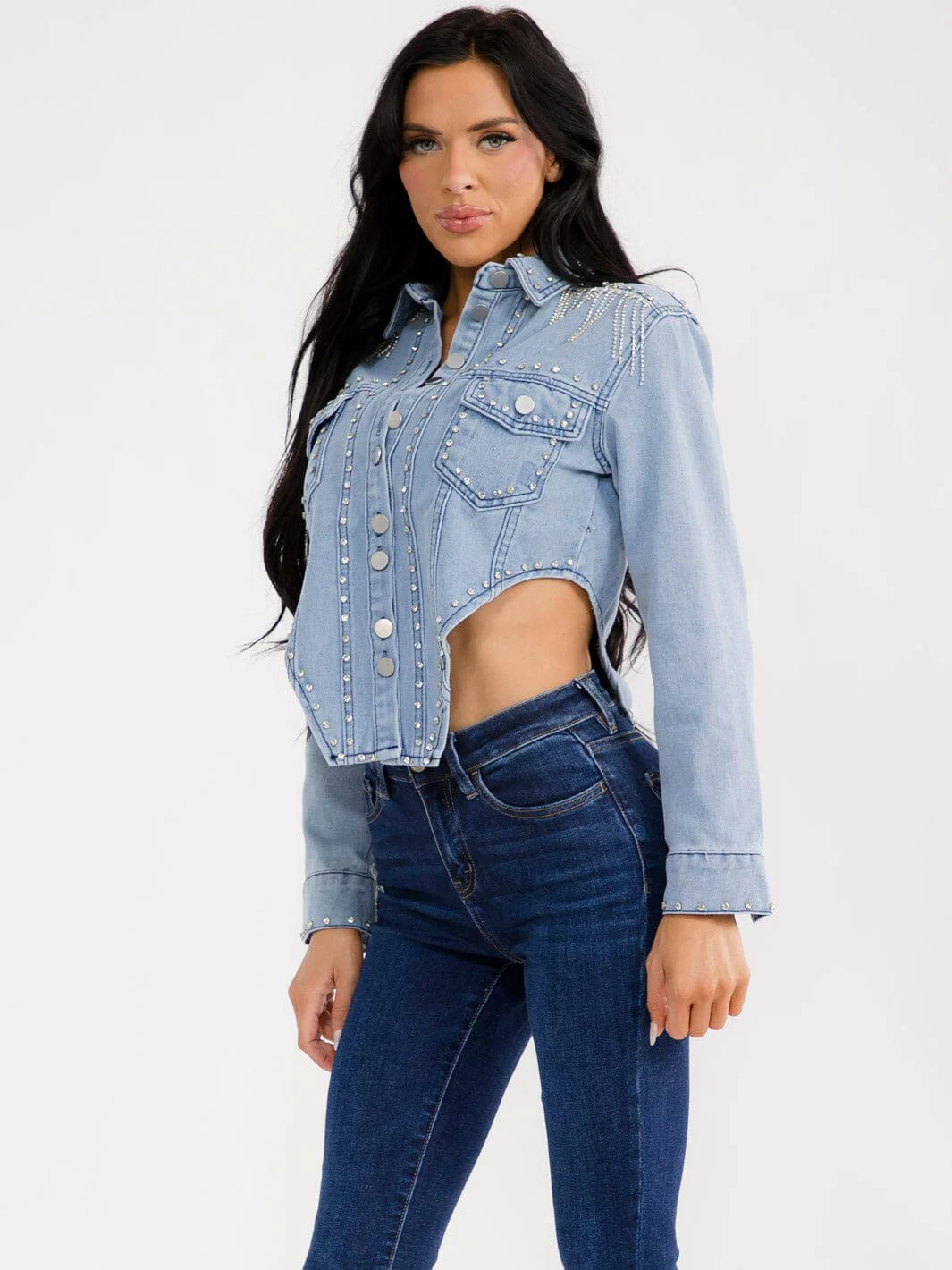 LONG SLEEVE BUTTON CLOSURE FRONT POCKETS RHINESTONES FRINGE DENIM TOP