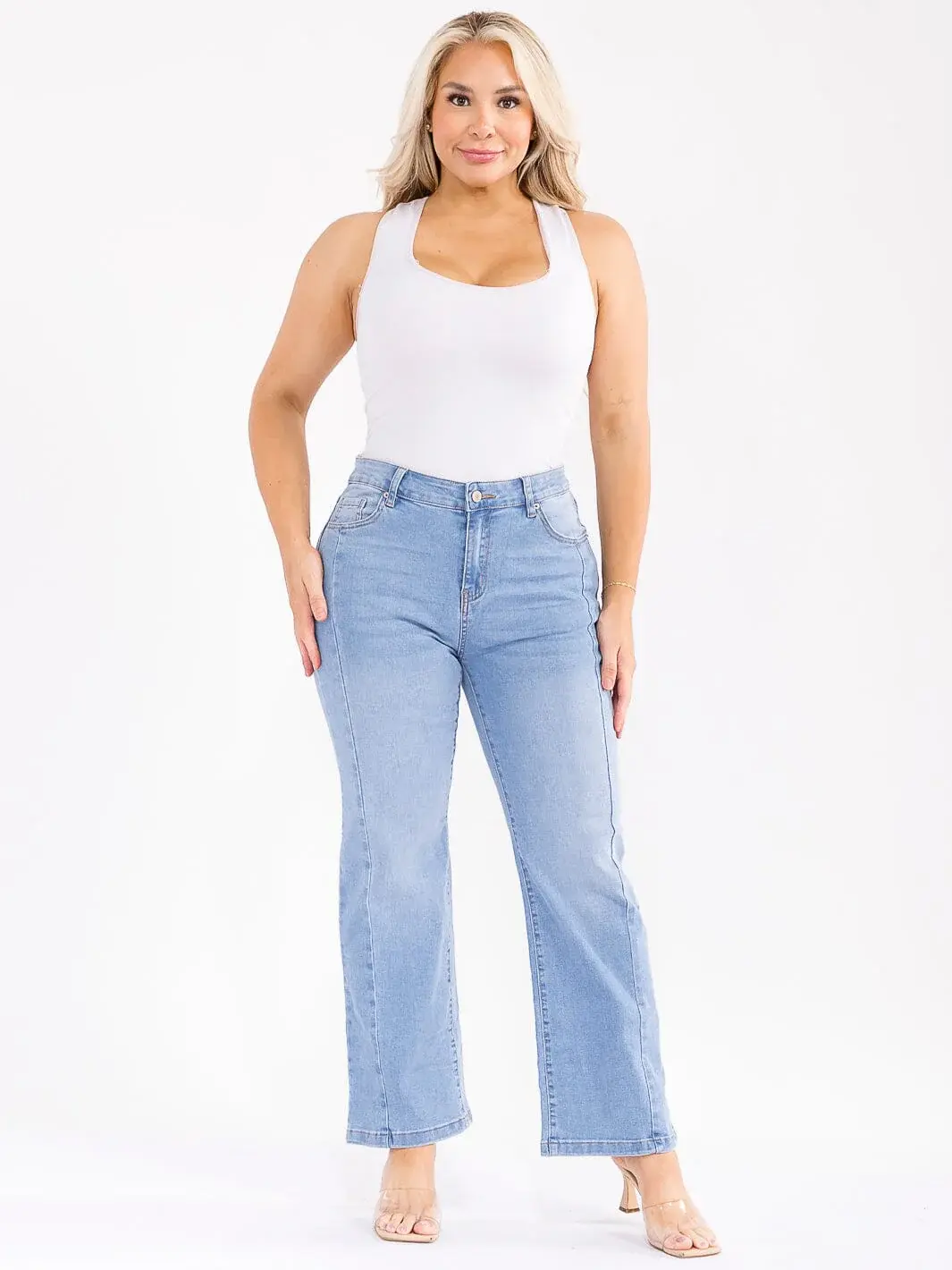 PLUS SIZE BUTTON CLOSURE POCKETS STRETCH DENIM WASHED PANTS