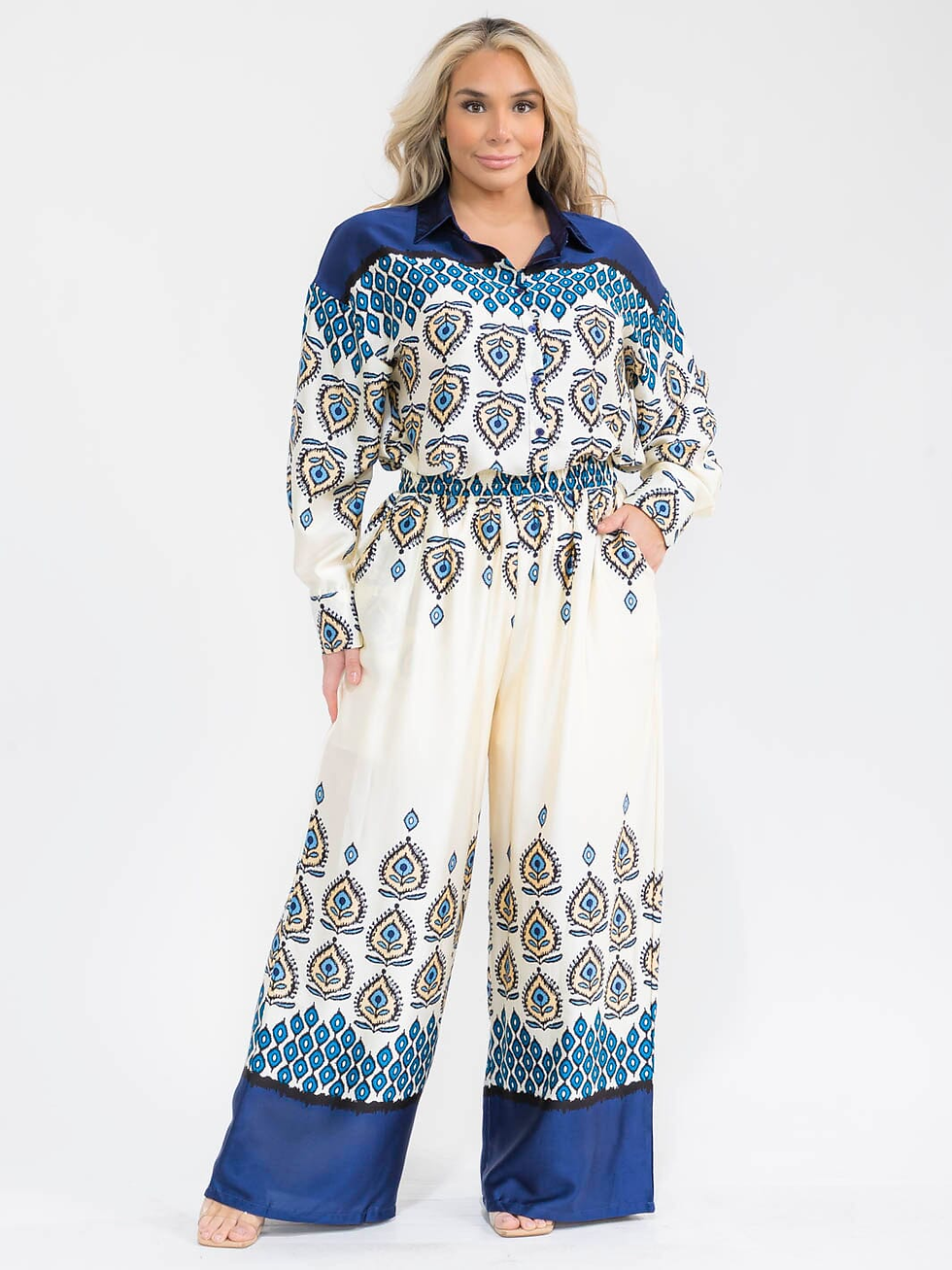Thumbnail: PLUS SIZE LONG SLEEVE BLOUSE & ELASTIC WAIST PANTS MULTI PRINT 2PC. SET