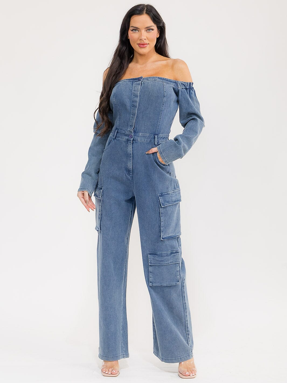 Thumbnail: LONG SLEEVE OFF SHOULDER BUTTON UP POCKETS WIDE LEG DENIM JUMPSUIT