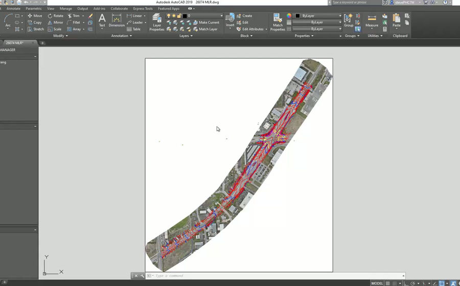 2D linework over aerial imagery in AutoCAD for a roadway corridor