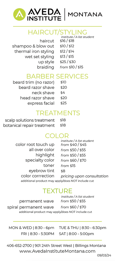 An image of the list of services at Aveda Institute Montana