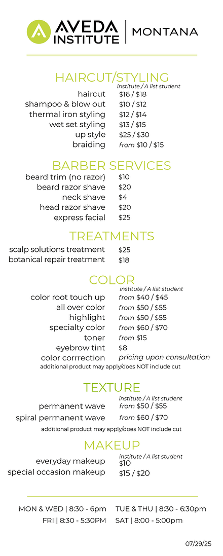 AVEDA INSTITUTE SERVICES MENU PART 1