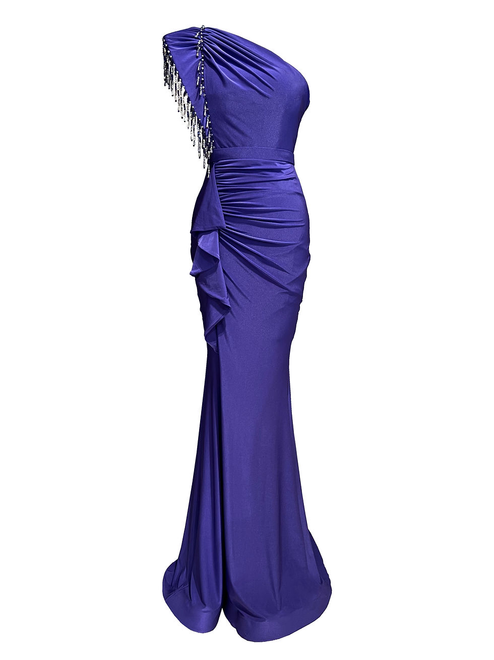 Thumbnail: SAGRANDE 4020 Tek omuz drapeli volanlı kristal taşlı asimetrik uzun abiye elbise