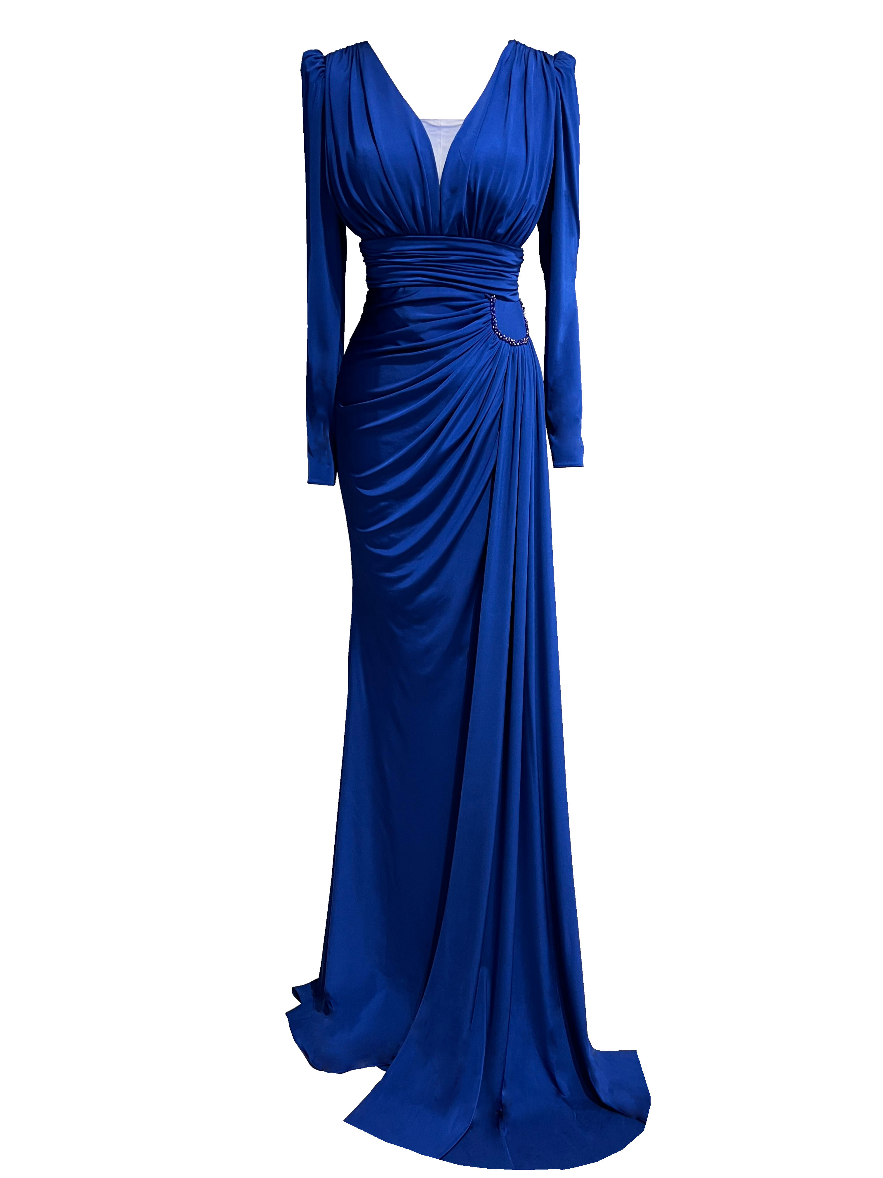 SAGRANDE 4102 Drapeli vatkalı uzun kol yırtmaçlı uzun abiye elbise