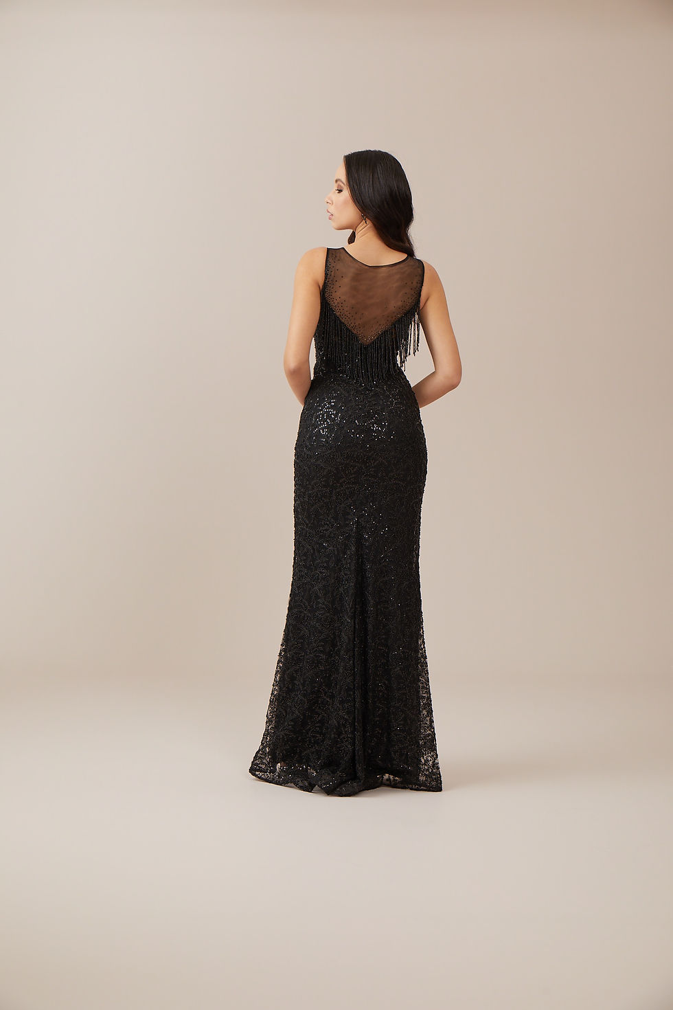 Thumbnail: SAGRANDE kristal saçaklı pulyant ve kristal işlemeli yuvarlak yaka uzun elbise