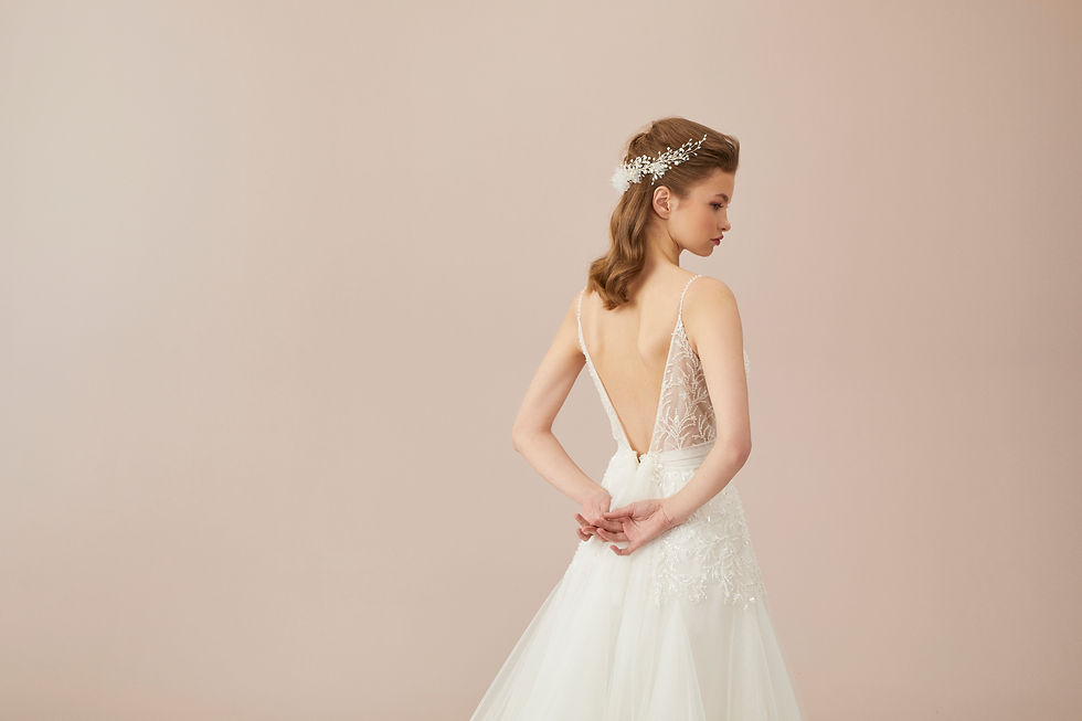 Thumbnail: SAGRANDE marigold ip askılı dekolteli drapeli korsajlı a kesim helen gelinlik