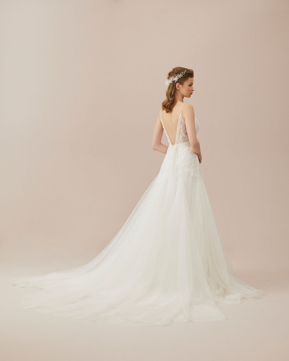 Thumbnail: SAGRANDE marigold ip askılı dekolteli drapeli korsajlı a kesim helen gelinlik