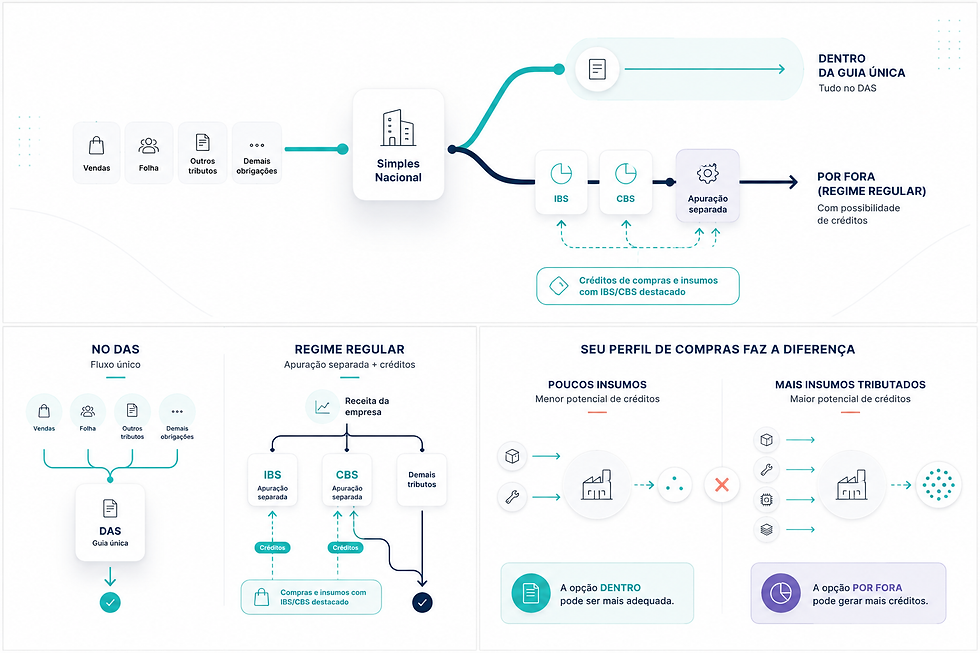 Infográfico em português sobre DAS, IBS e CBS, com fluxos de regime regular e créditos, em fundo branco azul.