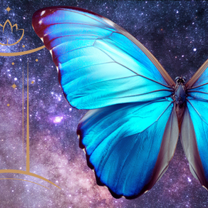 A blue morpho butterfly with spread wings on a backdrop of a dark blue and purple starry sky, with a golden astrological sign for Gemini next to it.