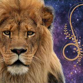 A magnificent male lion on a backdrop of a dark blue and purple starry sky, with a golden astrological sign for Leo beside him.