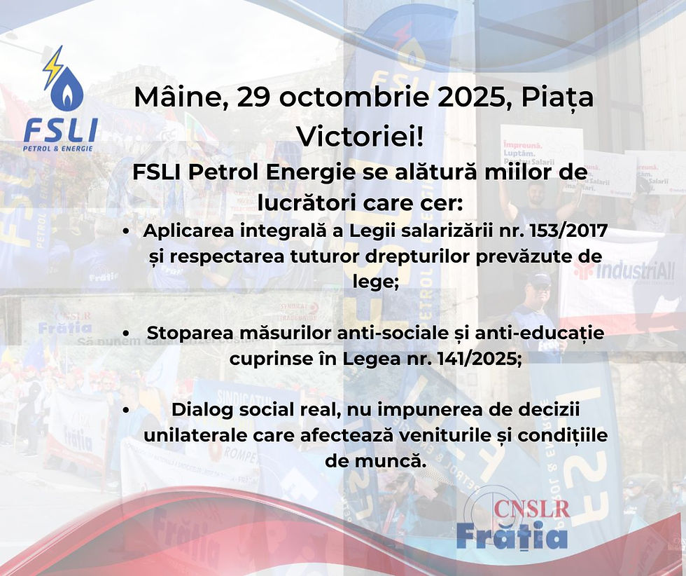 FSLI Petrol Energie participă la protestul național din 29 octombrie 2025 – „Uniți pentru o viață decentă!”