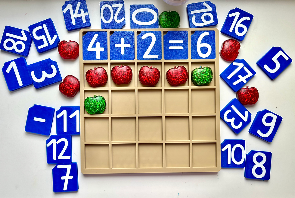 Math toy showing 4 plus 2 equals 6 with apple counters.