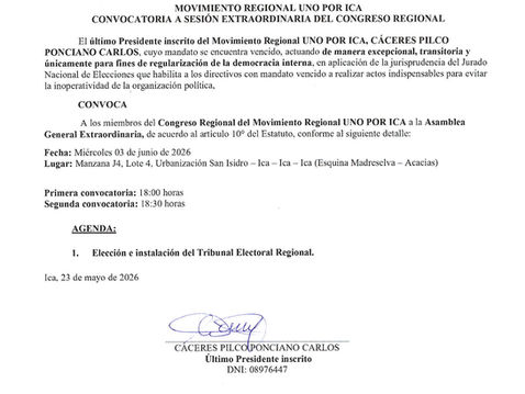 Convocotaroria a sesión extraordinaria del Congreso Regional