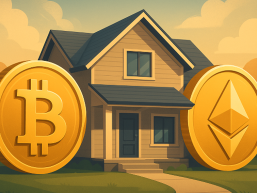 Symbolbild mit Haus, Bitcoin- und Ethereum-Logos, steht für Hypotheken mit Krypto-Sicherheiten in den USA.