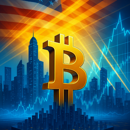 Futuristische Darstellung mit goldener Bitcoin-Skulptur vor US-Flagge, Symbol für die Krypto Week und Trumps neue Gesetze