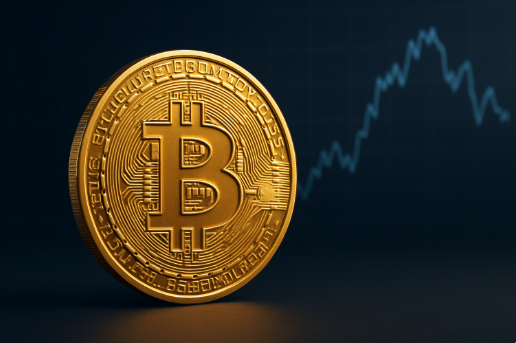 Bitcoin-Logo vor digitalem Kurschart mit Kursanstieg und leichten Rücksetzern.