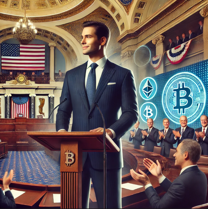 Der neue US-Finanzminister Scott Bessent steht am Rednerpult im US-Senat, während Politiker applaudieren. Im Hintergrund sind eine amerikanische Flagge und ein Bildschirm mit Kryptowährungs-Symbolen wie Bitcoin und Ethereum zu sehen, die auf eine krypto-freundliche Finanzpolitik hinweisen.